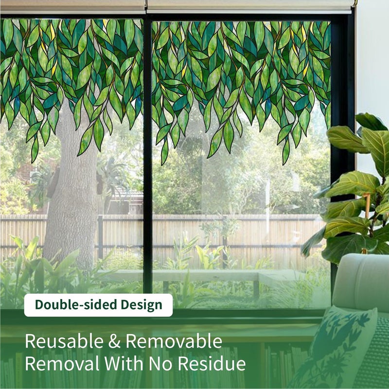 ChicSkin Original Hand Drawn Faux Stained Glass Window Hanging Clingsï¼ŒDouble Sided See Through Green Leaves Window Film for Living Room,Glass Front Door, Emerald Leaves Sticker 22.83"X61.02" - Image 4