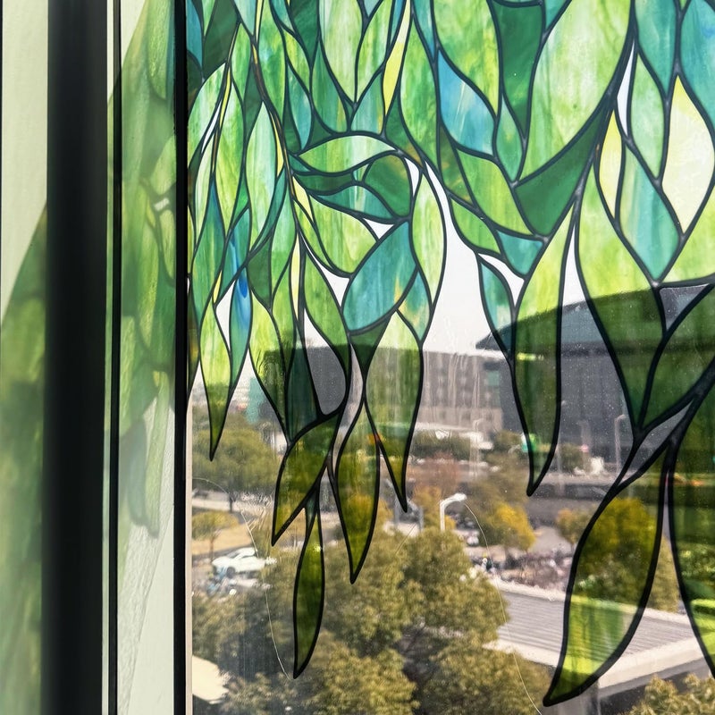 ChicSkin Original Hand Drawn Faux Stained Glass Window Hanging Clingsï¼ŒDouble Sided See Through Green Leaves Window Film for Living Room,Glass Front Door, Emerald Leaves Sticker 22.83"X61.02" - Image 3