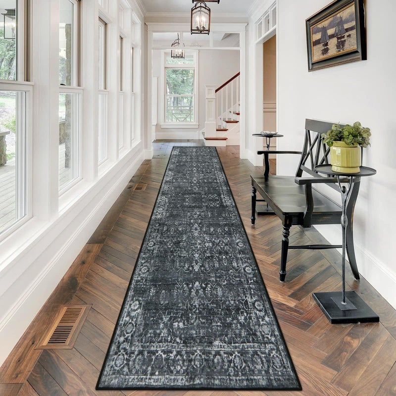 Morebes Black Vintage Carpet Runners for Hallway 12ftWashable Long Runner Rug for Entryway Indoor Floor NonSlipDistressed Super Soft Throw Carpet for Farmhouse Dining Room Playroom