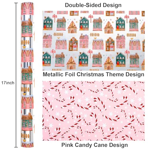 Yarcony Christmas Wrapping Paper Roll, Gingerbread House Wrapping Paper, Metallic Foil Adorable Village and Candy Cane Design Christmas Gift Wrap for Holiday, Winter Celebration (17 Inch X 33 Feet) - Image 3