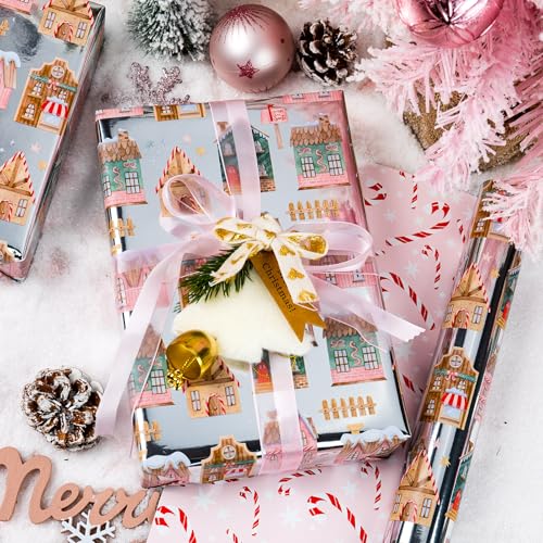 Yarcony Christmas Wrapping Paper Roll, Gingerbread House Wrapping Paper, Metallic Foil Adorable Village and Candy Cane Design Christmas Gift Wrap for Holiday, Winter Celebration (17 Inch X 33 Feet) - Image 2