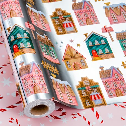 Yarcony Christmas Wrapping Paper Roll, Gingerbread House Wrapping Paper, Metallic Foil Adorable Village and Candy Cane Design Christmas Gift Wrap for Holiday, Winter Celebration (17 Inch X 33 Feet) - Image 1