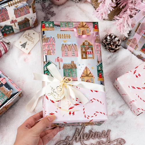 Yarcony Christmas Wrapping Paper Roll, Gingerbread House Wrapping Paper, Metallic Foil Adorable Village and Candy Cane Design Christmas Gift Wrap for Holiday, Winter Celebration (17 Inch X 33 Feet) - Image 5