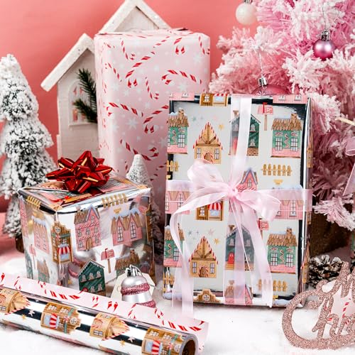 Yarcony Christmas Wrapping Paper Roll, Gingerbread House Wrapping Paper, Metallic Foil Adorable Village and Candy Cane Design Christmas Gift Wrap for Holiday, Winter Celebration (17 Inch X 33 Feet) - Image 4