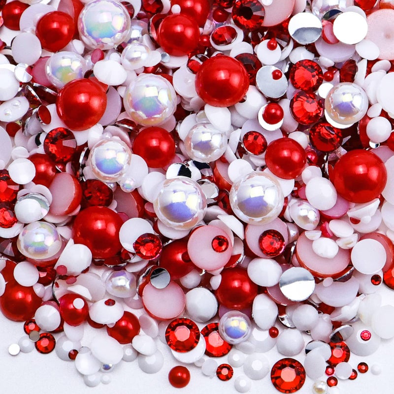 Briskbloom 60g Mix Flatback Pearls and Half Pearls for Crafts, 3620PCS Red White Pearl Rhinestones for Nails Face Art Tumblers, with Tweezers Wax Pen - Image 1