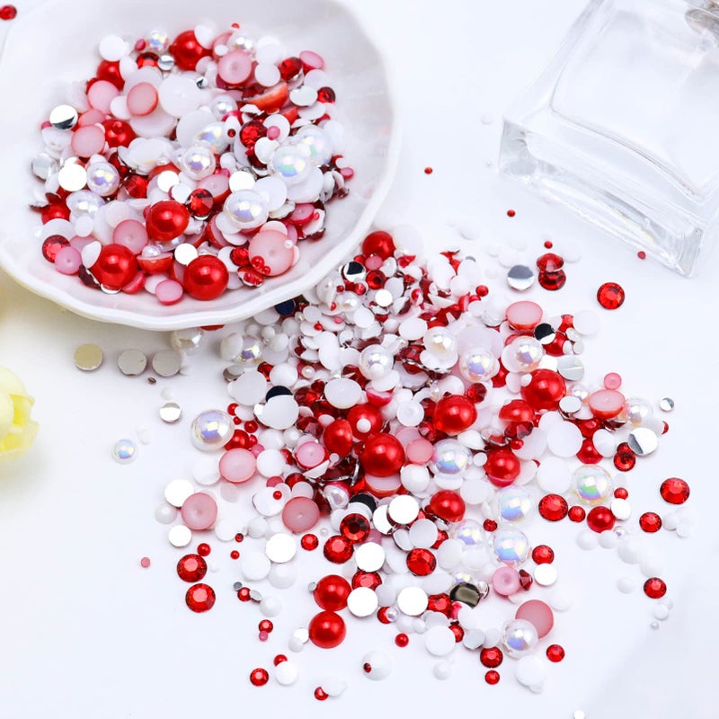 Briskbloom 60g Mix Flatback Pearls and Half Pearls for Crafts, 3620PCS Red White Pearl Rhinestones for Nails Face Art Tumblers, with Tweezers Wax Pen - Image 3