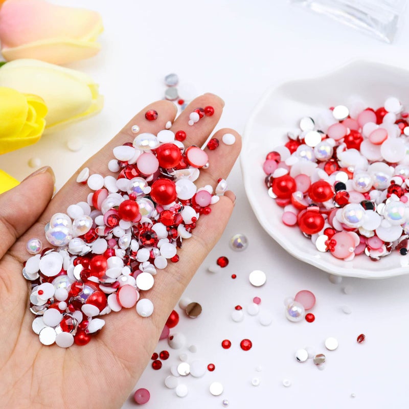 Briskbloom 60g Mix Flatback Pearls and Half Pearls for Crafts, 3620PCS Red White Pearl Rhinestones for Nails Face Art Tumblers, with Tweezers Wax Pen - Image 2