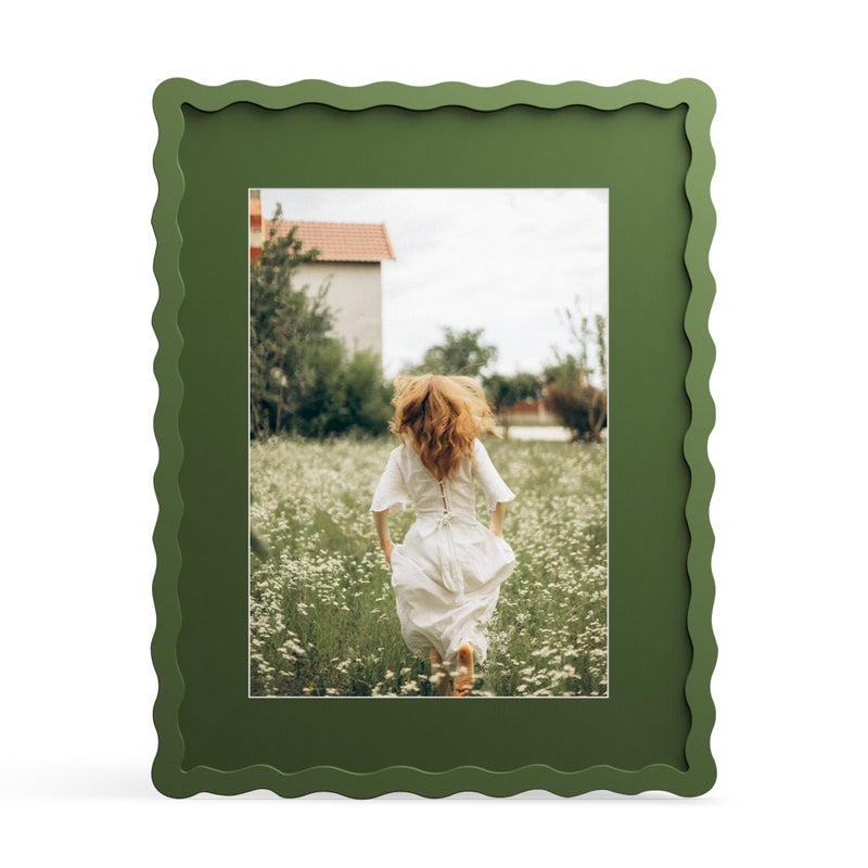 THKRLOF 11x14 Picture Frame with Mat for 8x10, Wavy Edge Wooden Real Glass Photo Frame for Wall Hanging, Green, 1 Pack - Image 1
