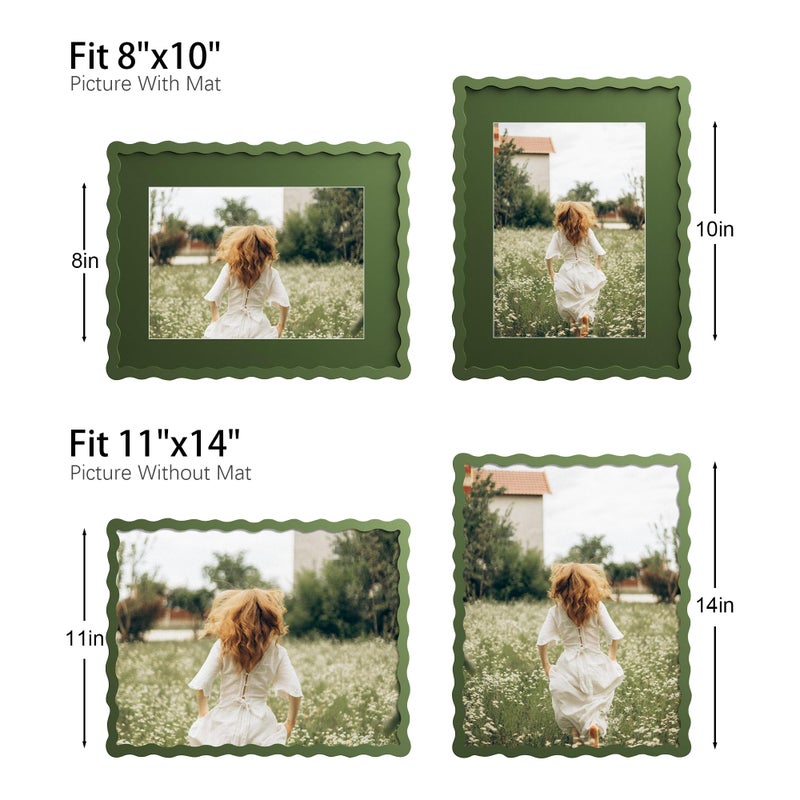 THKRLOF 11x14 Picture Frame with Mat for 8x10, Wavy Edge Wooden Real Glass Photo Frame for Wall Hanging, Green, 1 Pack - Image 4