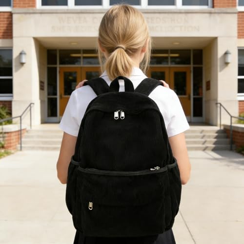 Lamprod Aesthetic Backpack Cute Backpack Corduroy Backpack School Supplies Laptop Bag for Teens Girls Women Students Solid ColorBlack - Image 3