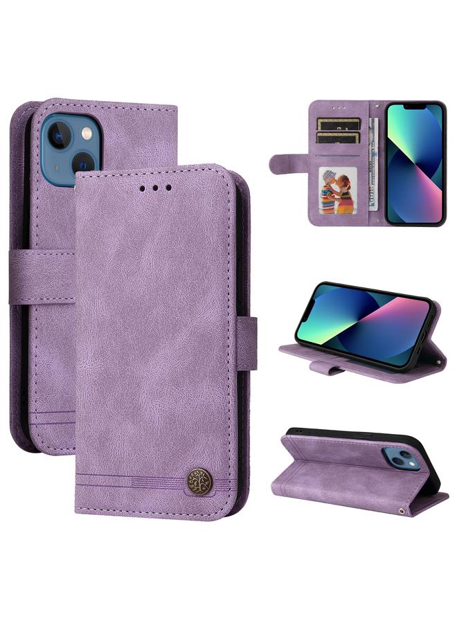 Zaboon Case For iPhone 13 mini Skin Feel Life Tree Metal Button Horizontal Flip Leather Case with Holder & Card Slot & Wallet & Photo Frame & Strap - Image 1