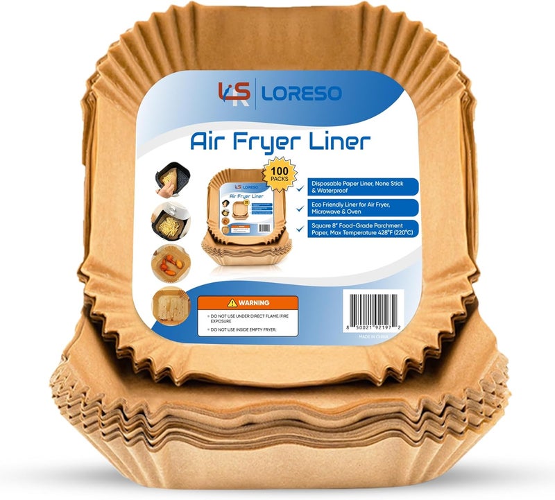 LSR LORESO Air Fryer Liners - Disposable Parchment Paper, 100 Count - 7-8 Inch, Non-Stick, 5-8 Quart (8" Square - 100CT) - Image 1