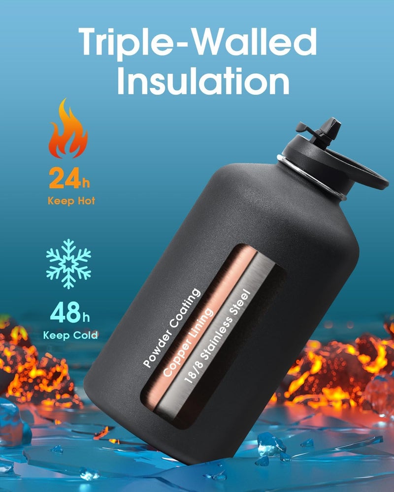 Coolflask 128 oz Water Bottle Insulated with PU Leather Sleeve, Gallon Water Bottle Color Contrast with Straw Lids, Stainless Steel Metal Large Water Jug, Keep Cold 48h Hot 24h,Polar Black - Image 3