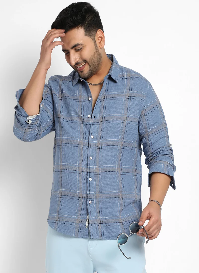 Instafab Plus Men's Icy Blue Tartan Plaid Shirt