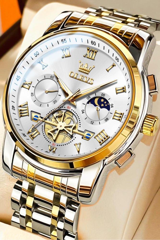 OLEVS Watch for Men Top Original Quartz Men's Watches Classic Roman Scale Dial Moon Phase Waterproof Luminous Luxury Wrist Watch for Male - Image 1