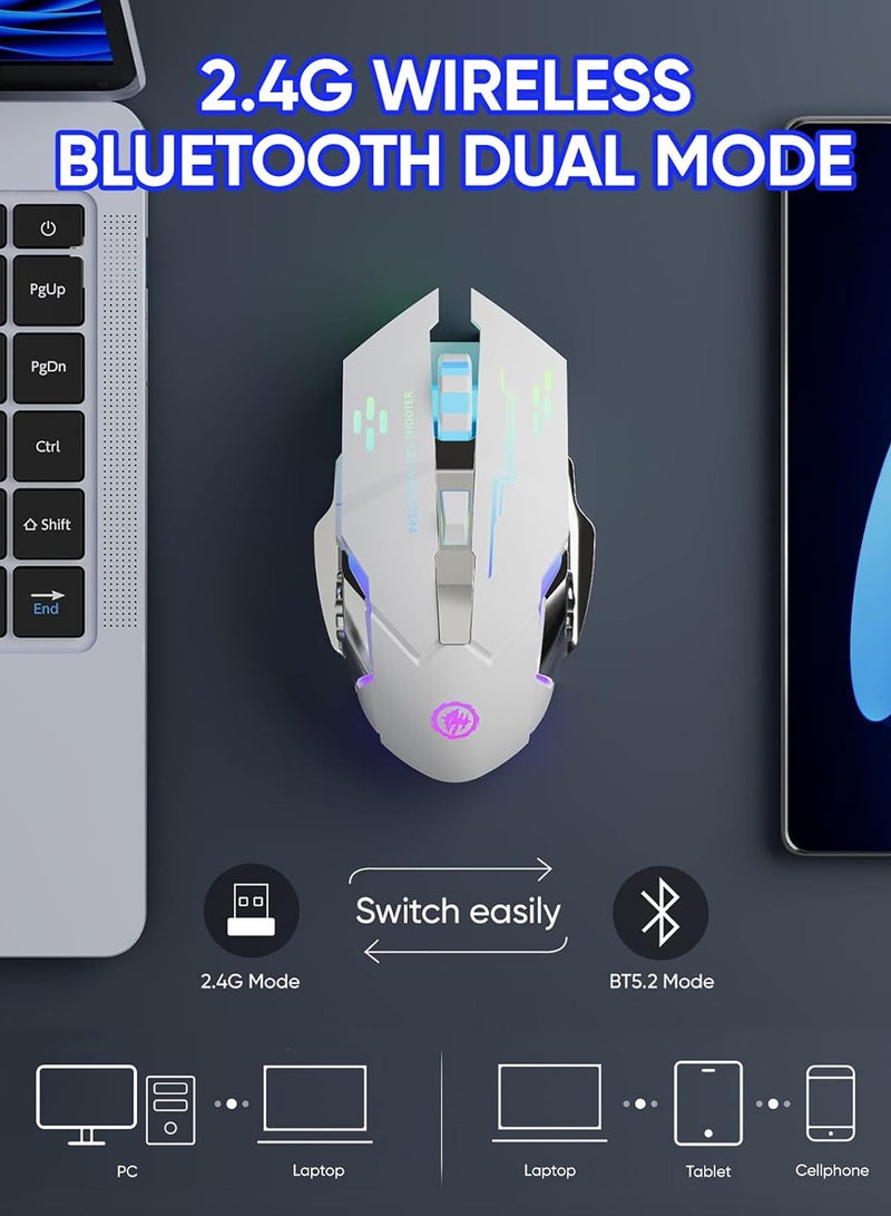 HEROCKX Gaming Mouse Multicolor RGB Backlight Wireless Gaming Mouse for Laptops Charging 2.4G+Bluetooth Dual Mode (White) - Image 2