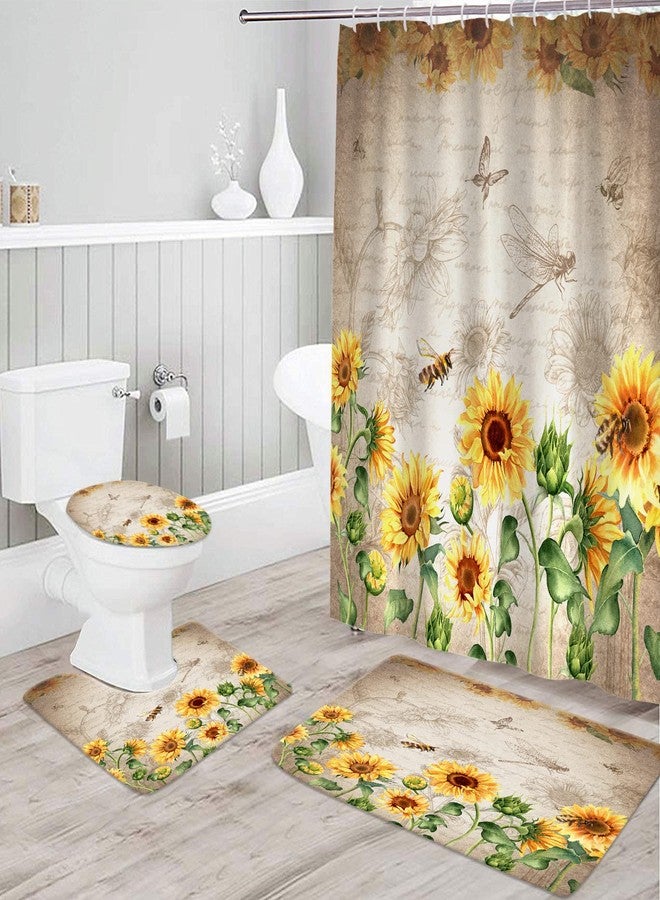 Kikiry Sunflower Shower Curtain Set 4 Pcs Rustic Bathroom Decor with Rugs Farmhouse Vintage Retro Country Yellow Floral Mat Toilet Lid Cover U Shaped Non-Slip Fabric Polyester 60x72 Inch - Image 2
