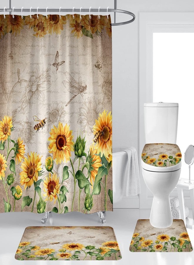 Kikiry Sunflower Shower Curtain Set 4 Pcs Rustic Bathroom Decor with Rugs Farmhouse Vintage Retro Country Yellow Floral Mat Toilet Lid Cover U Shaped Non-Slip Fabric Polyester 60x72 Inch - Image 1