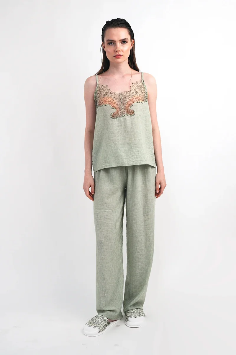 Mita Concept Seafoam Green Linen Three-Piece Set with French Lace