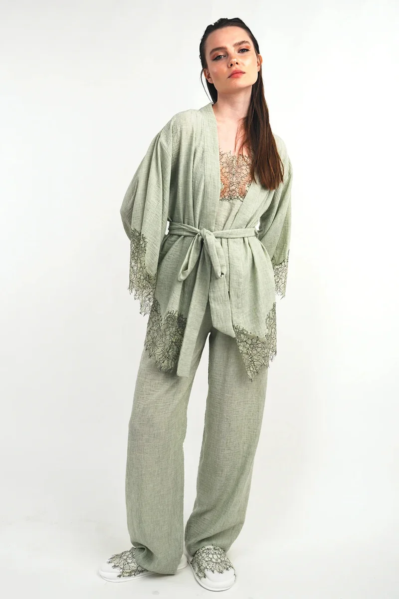 Mita Concept Seafoam Green Linen Three-Piece Set with French Lace