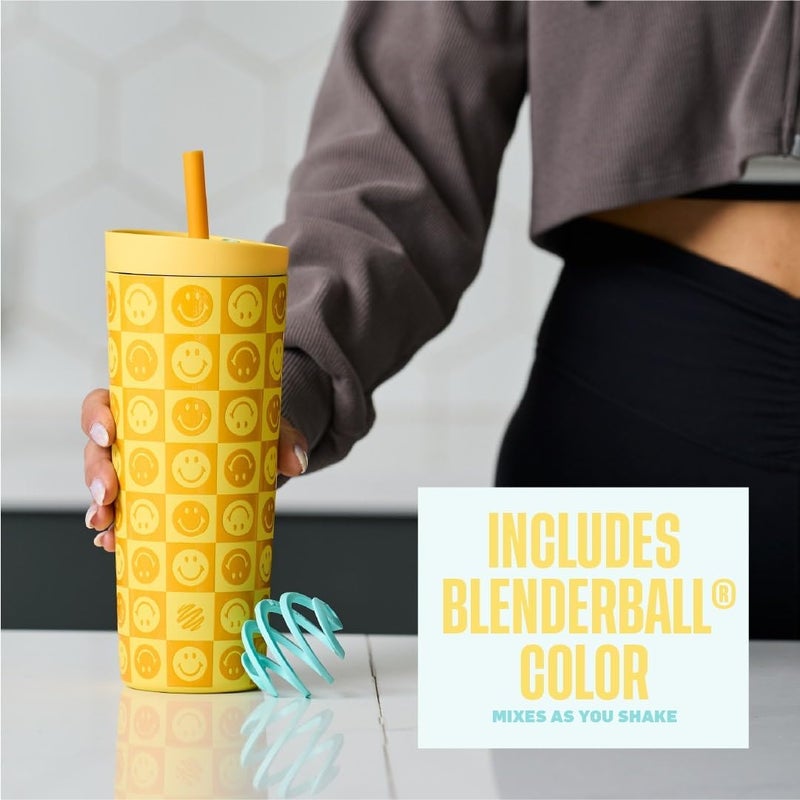 BlenderBottle 2-in-1 Insulated Stainless Steel Shaker Tumbler, Swig Leakproof Lid, Straw, BlenderBall, BPA Free, For Protein Shakes, Smoothies, And Pre Workout, 24 oz, Kami Smiles - Image 1