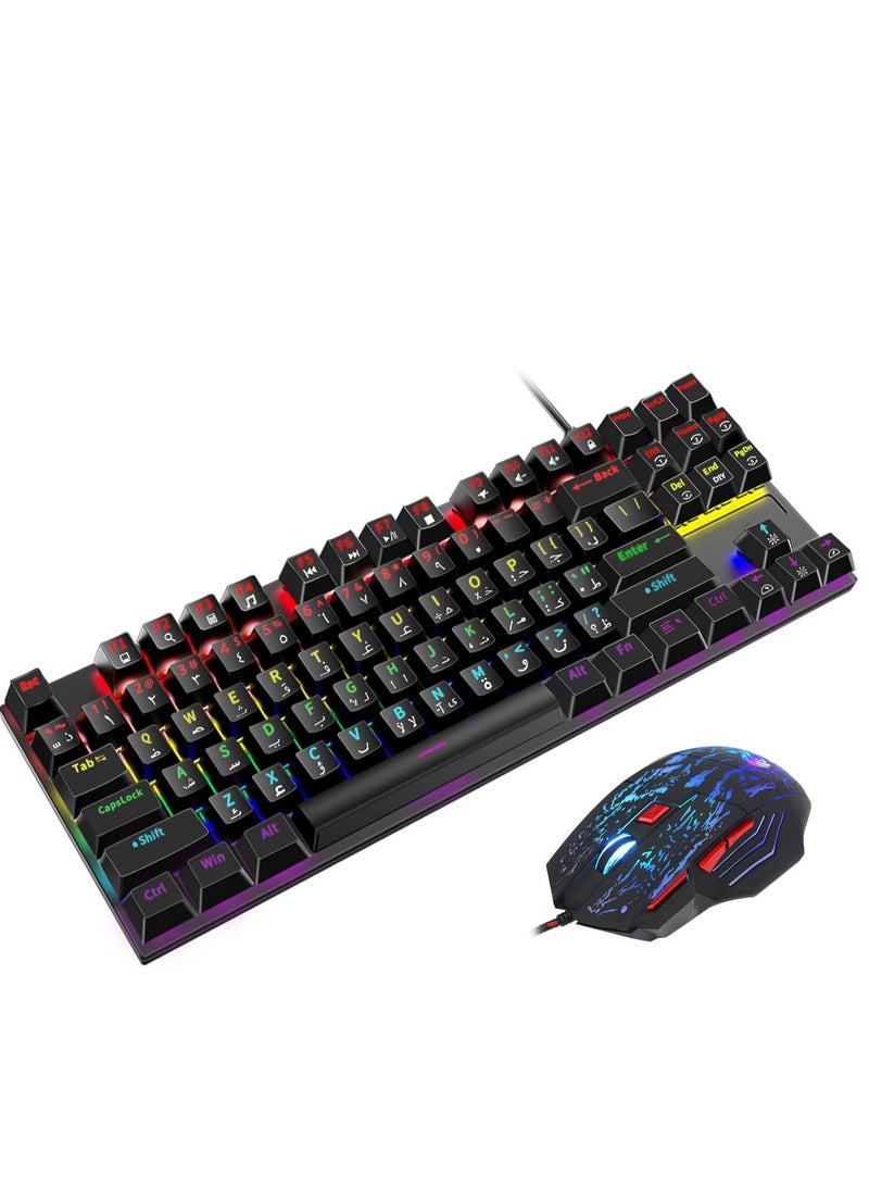 مجموعة لوحة مفاتيح ألعاب RGB إنجليزية عربية وماوس DPI، لوحة مفاتيح ميكانيكية 87 مفتاحًا بإضاءة خلفية LED، كيبورد قيمنق عربي مع ماوس 7 ألوان - Image 1