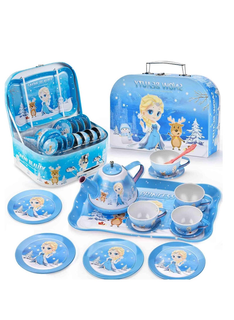 Frozen Toys for Girls, Princess Elsa Tea Party Set for Little Girls, contains 19 children's kitchen toys as well as a canned tea party set, desserts, and a carrying case for a gift. - Image 1