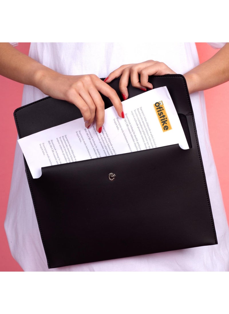 Ofistike Rosso Black Leather Internal Compartment File Document Notebook Tablet Bag Women Business Card Holder Pen Case  - Image 2