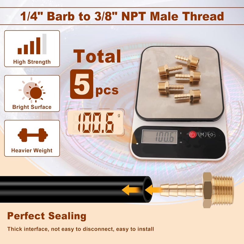 boeray 5pcs Brass Hose Barb Fittings 1/4 Inch Barb to 3/8 Inch NPT Male Thread Air Hose Fittings Adapter Connector Water Fuel Air Line Fittings 1/4” Barb × 3/8” NPT Brass Fittings - Image 5