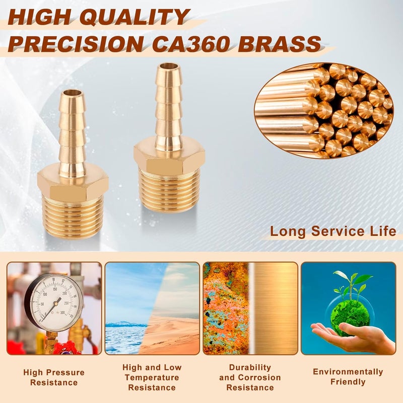boeray 5pcs Brass Hose Barb Fittings 1/4 Inch Barb to 3/8 Inch NPT Male Thread Air Hose Fittings Adapter Connector Water Fuel Air Line Fittings 1/4” Barb × 3/8” NPT Brass Fittings - Image 3