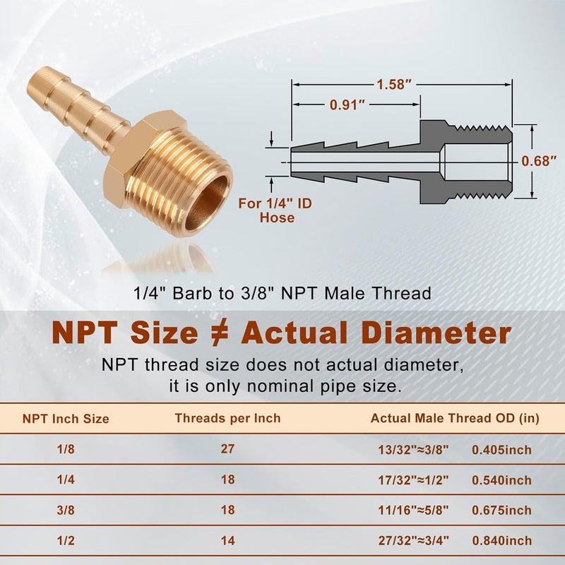boeray 5pcs Brass Hose Barb Fittings 1/4 Inch Barb to 3/8 Inch NPT Male Thread Air Hose Fittings Adapter Connector Water Fuel Air Line Fittings 1/4” Barb × 3/8” NPT Brass Fittings - Image 2