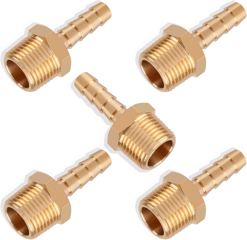 boeray 5pcs Brass Hose Barb Fittings 1/4 Inch Barb to 3/8 Inch NPT Male Thread Air Hose Fittings Adapter Connector Water Fuel Air Line Fittings 1/4” Barb × 3/8” NPT Brass Fittings - Image 1