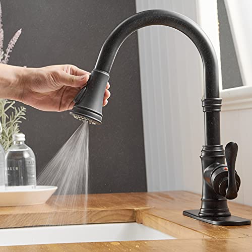 Bathfinesse Matte Black Kitchen Faucet with Pull Down Sprayer 3 Function Faucet for Kitchen Sink Single Handle High Arc Commercial Pull Out Spray Head RV Kitchen Faucet Gooseneck Deck Plate Include - Image 5