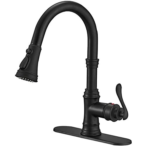 Bathfinesse Matte Black Kitchen Faucet with Pull Down Sprayer 3 Function Faucet for Kitchen Sink Single Handle High Arc Commercial Pull Out Spray Head RV Kitchen Faucet Gooseneck Deck Plate Include - Image 1