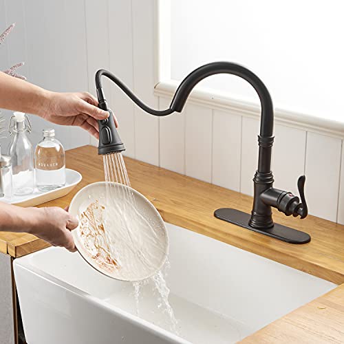 Bathfinesse Matte Black Kitchen Faucet with Pull Down Sprayer 3 Function Faucet for Kitchen Sink Single Handle High Arc Commercial Pull Out Spray Head RV Kitchen Faucet Gooseneck Deck Plate Include - Image 4