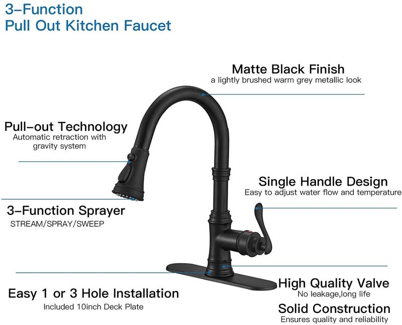 Bathfinesse Matte Black Kitchen Faucet with Pull Down Sprayer 3 Function Faucet for Kitchen Sink Single Handle High Arc Commercial Pull Out Spray Head RV Kitchen Faucet Gooseneck Deck Plate Include - Image 2