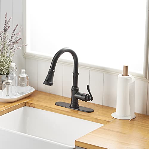 Bathfinesse Matte Black Kitchen Faucet with Pull Down Sprayer 3 Function Faucet for Kitchen Sink Single Handle High Arc Commercial Pull Out Spray Head RV Kitchen Faucet Gooseneck Deck Plate Include - Image 3