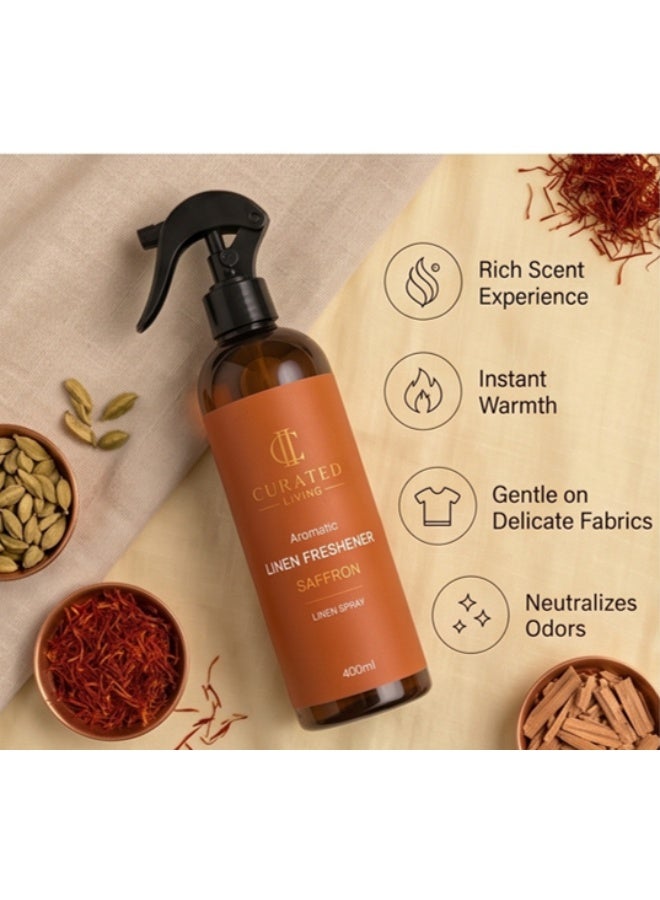 بخاخ معطر للمنسوجات برائحة الزعفران من "Curated Living" (400 مل / 13.5 أونصة) – بخاخ فاخر للمنسوجات والغرف يجمع بين دفء الزعفران والتوابل والعنبر – انتعاش يدوم طويلاً لأغطية السرير والملابس والوسائد وأرجاء المنزل. - Image 1