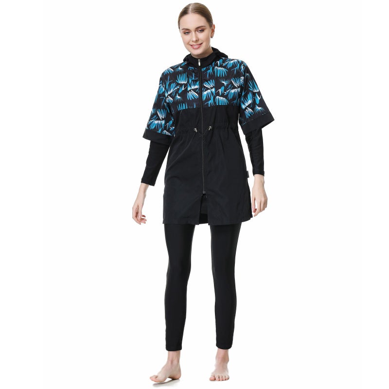 Women's Modest Swimwear Three-Piece Set with Hooded Top, Long Sleeves, and Skirt - Sun-Protective Printed Design