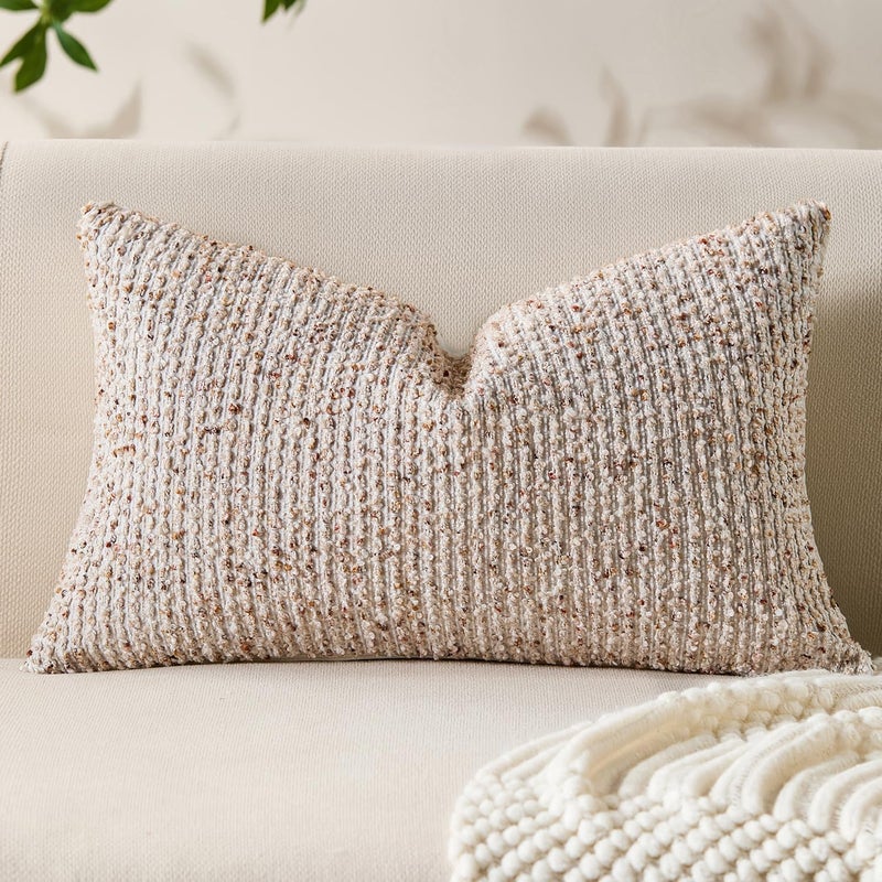 Allorry Decorative Lumbar Pillow Cover 12x20 Beige Striped Soft Wool Lumbar Throw Pillow Neutral Textured Boho Cushion Covers for Modern Farmhouse Sofa Bedroom Living Room Decor SY011-A12 - Image 1
