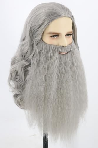 LeMarnia Wizard Wig and Beard for Men Long Gray Beard Wig Set for Halloween Costume Cosplay Party - Image 2