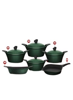 Lava 12 Piece Lava Granite Set 4 Pots (18-20-24-30 - Frying Pan 26 - Tray 26 Handles - 2 Silicone Handles)-Dark Green 