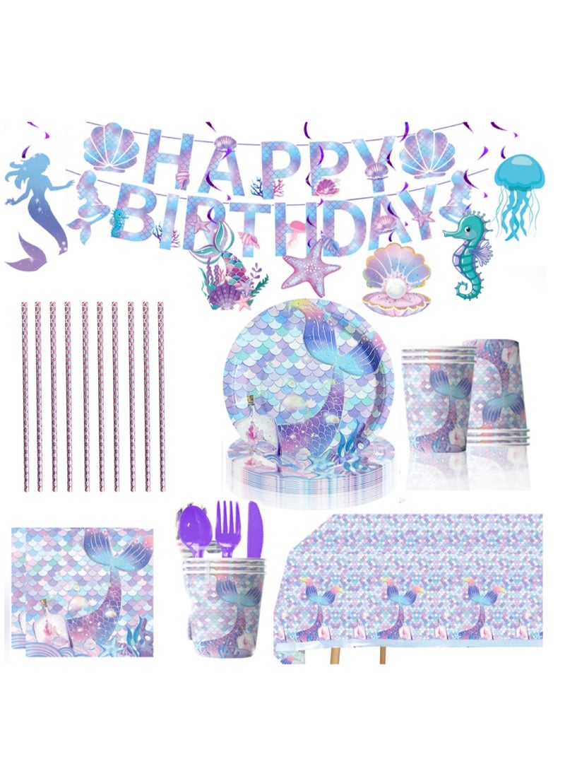 99PCS Mermaid Party Tableware Set, Mermaid Birthday Party Supplies, Mermaid Plates, Napkins, Cups, Forks, Knives, Spoons,Straws, Table Cloth, Banner Decorations, Set for 10 guests - Image 1