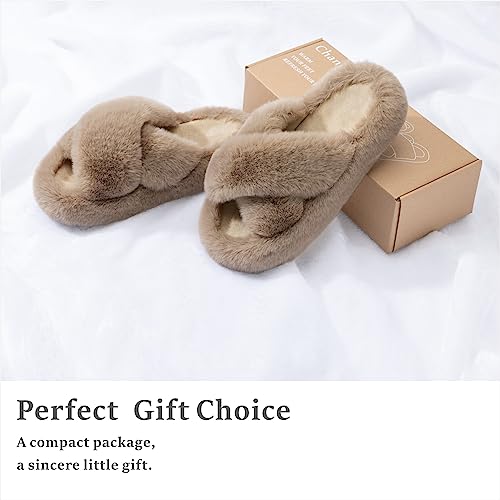 Chantomoo شانتومو نعال نسائية متقاطعة من فوم الذاكرة للمنزل وغرفة النوم للنساء، نعال فuzzy Plush مريحة مبطنة بالفرو الصناعي، أحذية منزلية ذات نعل مضاد للانزلاق، هدية عصرية، لون بني فاتح، مقاسات 9 10 8.5 - Image 5