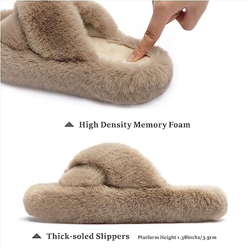 Chantomoo شانتومو نعال نسائية متقاطعة من فوم الذاكرة للمنزل وغرفة النوم للنساء، نعال فuzzy Plush مريحة مبطنة بالفرو الصناعي، أحذية منزلية ذات نعل مضاد للانزلاق، هدية عصرية، لون بني فاتح، مقاسات 9 10 8.5 - Image 2