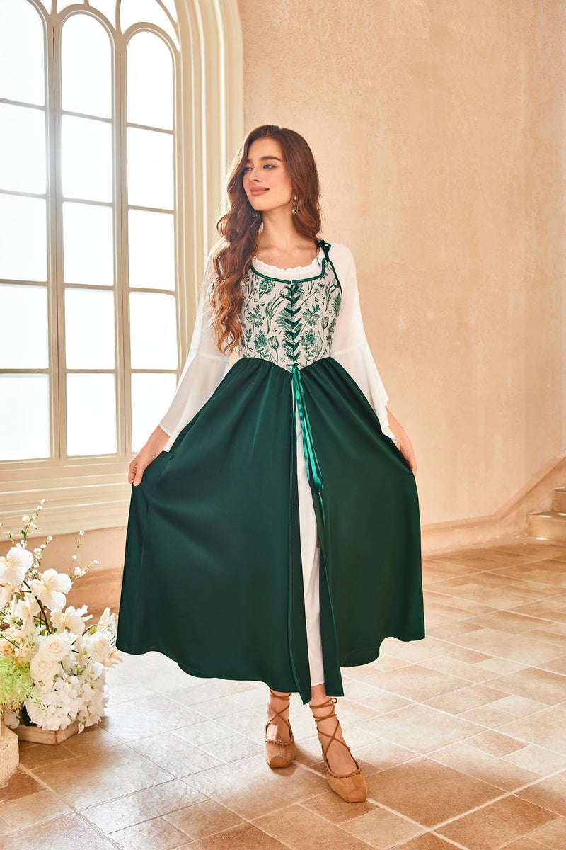 Scarlet Darkness Women Renaissance Dress Peasant Medieval Dress Bell Sleeve Maxi Fairy Dress Dark Green 06 - Image 3