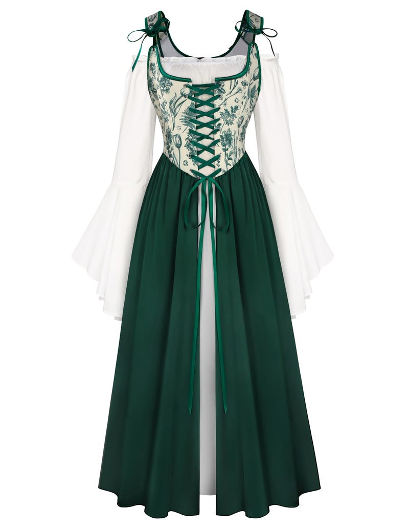 Scarlet Darkness Women Renaissance Dress Peasant Medieval Dress Bell Sleeve Maxi Fairy Dress Dark Green 06 - Image 1