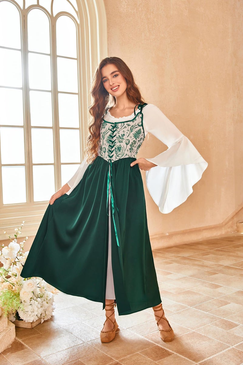 Scarlet Darkness Women Renaissance Dress Peasant Medieval Dress Bell Sleeve Maxi Fairy Dress Dark Green 06 - Image 2