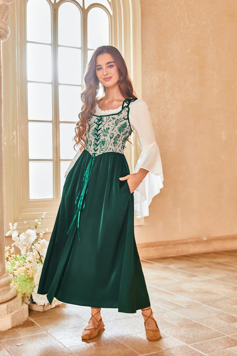 Scarlet Darkness Women Renaissance Dress Peasant Medieval Dress Bell Sleeve Maxi Fairy Dress Dark Green 06 - Image 4