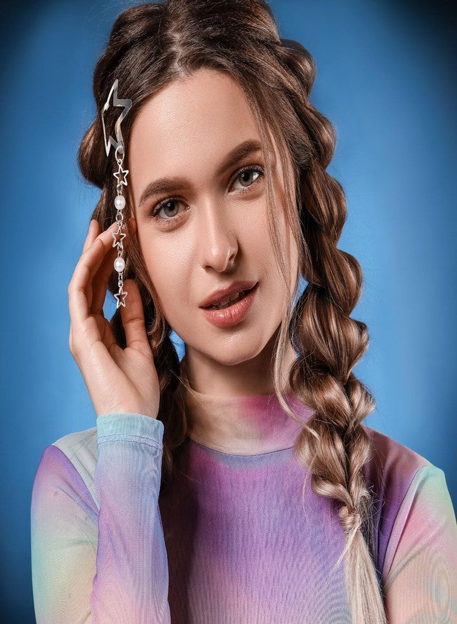 CustomyLife 2pcs Star Pearl Snap Hair Clips, y2k Silver Hair Barrettes Cute Tassel Metal Hair Pins Wedding Prom Hair Styling Accessories for Women Girls Gift - Image 3